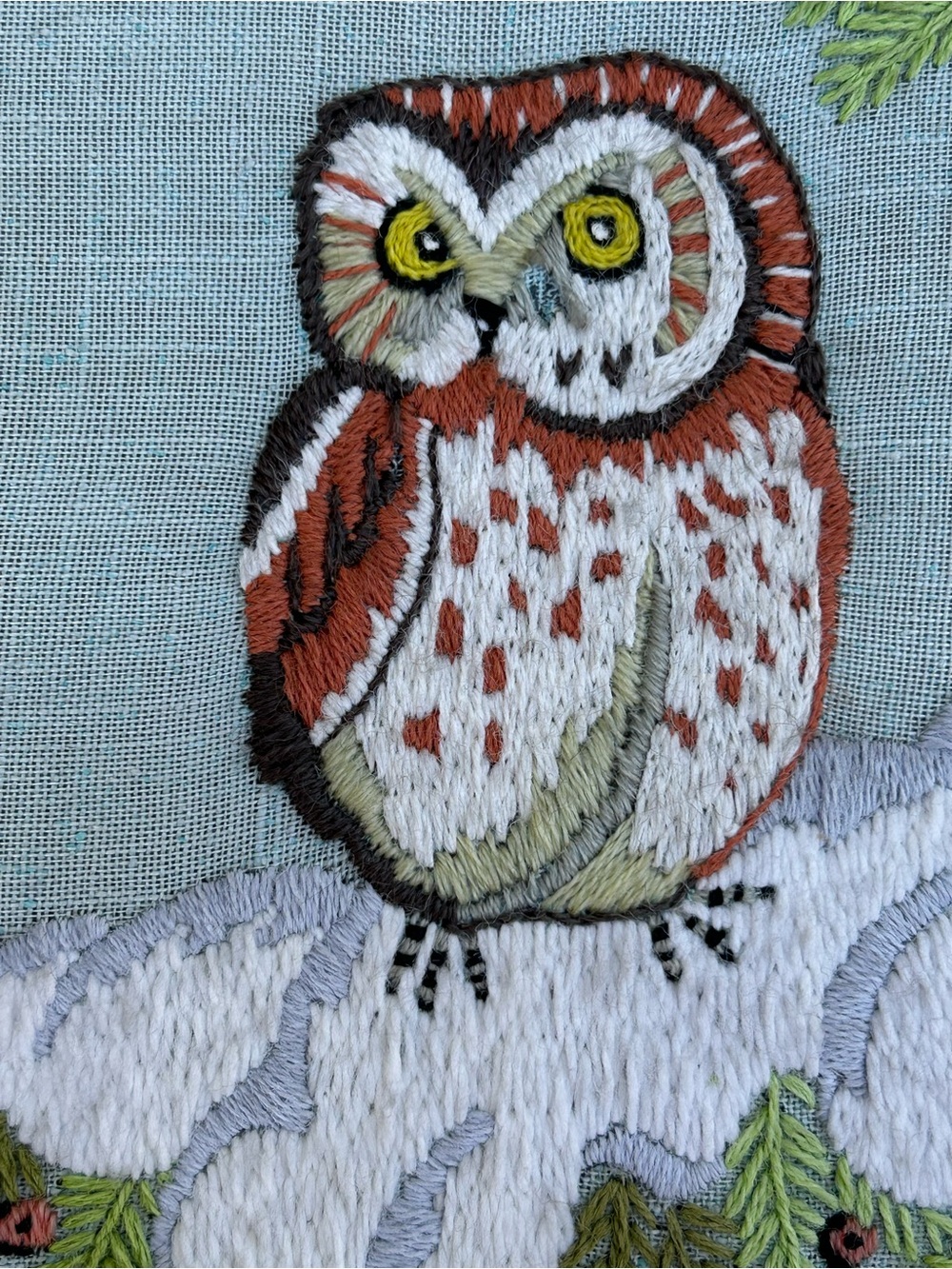 Vintage Art Crewel Owl Framed Embroidery Handmade Winter Cottagecore 18.5x23.5 - Picture 9 of 13